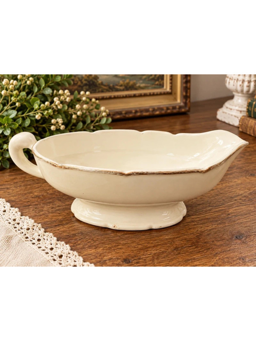 Vintage Cream Ceramic Pedestal Gravy Boat Scalloped Gold Trim